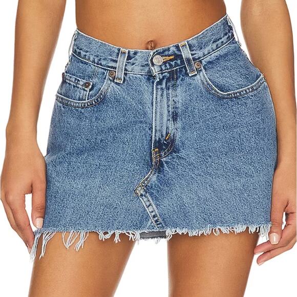 aligrace Levi's 501 Denim Mini Skirt Raw Hem SIZE 23 Reworked Unique $258 NEW - Picture 1 of 9